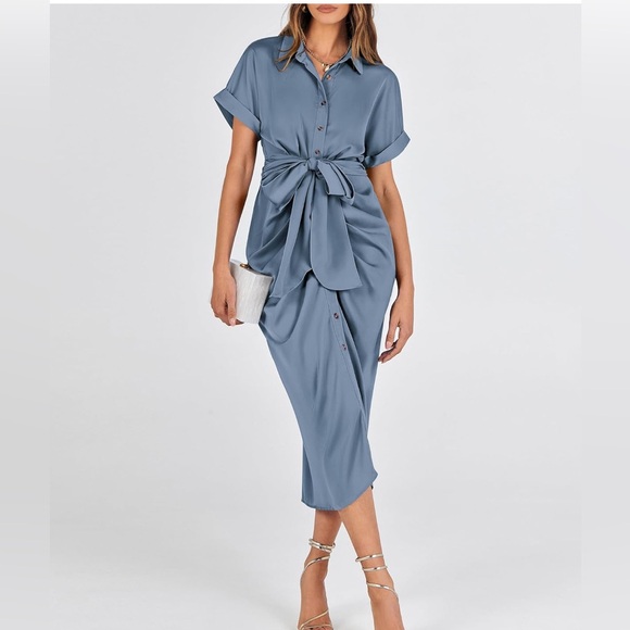 Silver Short Sleeve Ruched Shirt Dress - Picture 1 of 5